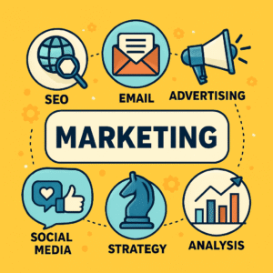 "Marketing infographic by AIFA INFOTECH featuring key components like SEO, Social Media, Email Marketing, Strategy, Advertising, and Analysis in a vibrant flat-style layout."
